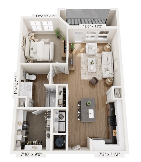 Floor plan for 1 bed, 1 bath, 796 sqft